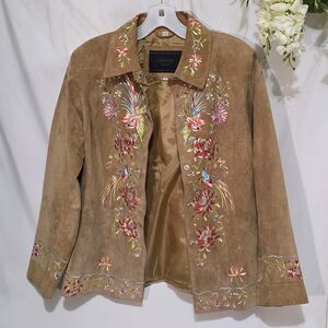 Avanti Women's Brown Floral Embroidered Leather Jacket